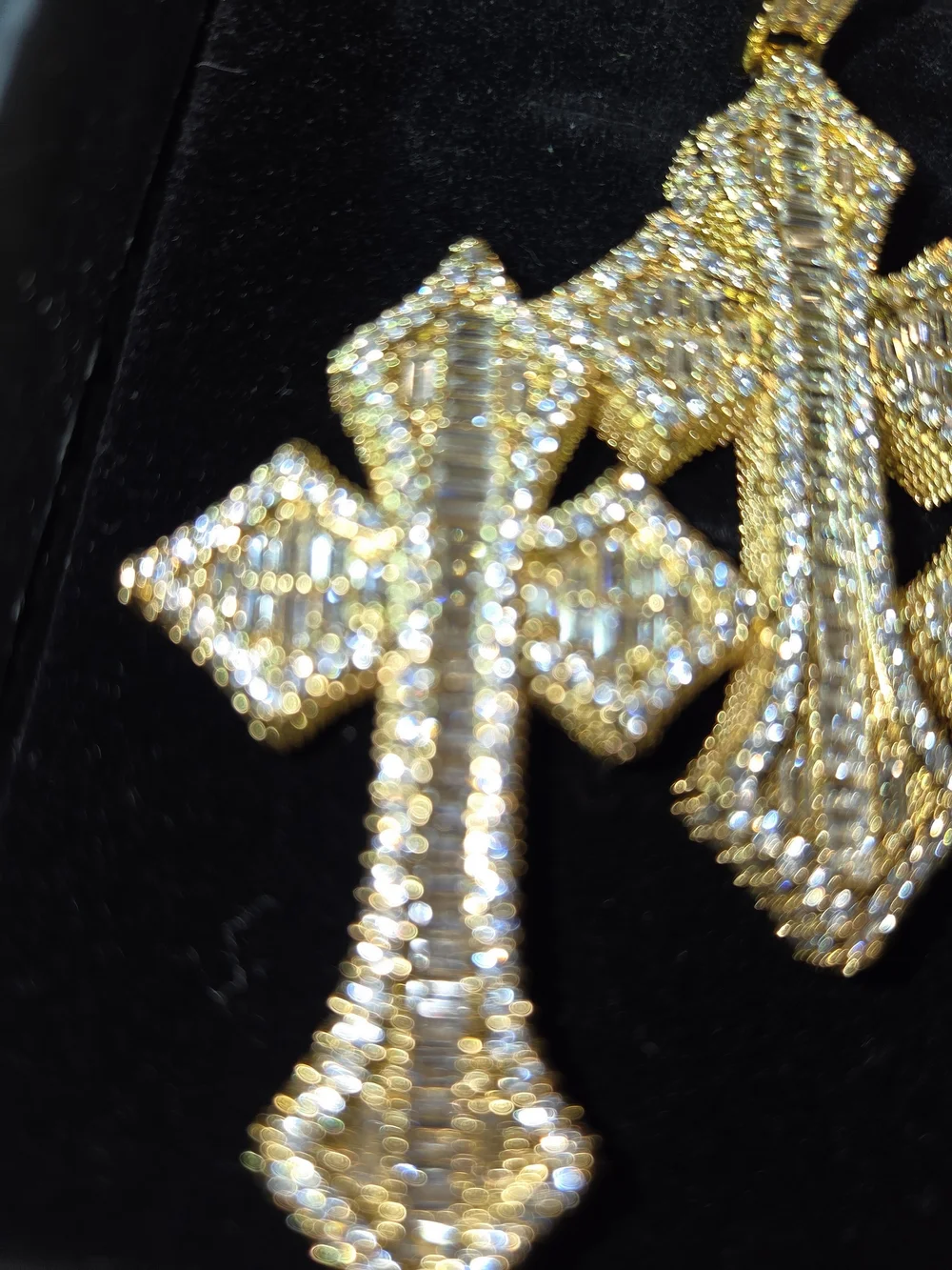 Iced Out Triple Cross Moissanite Pendant/14k Gold Vermeil Over 925 Sterlling NEW